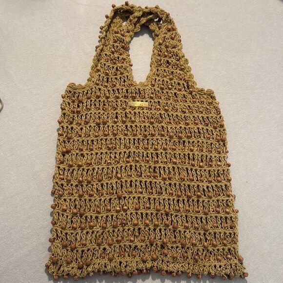 aava Handbags - Aava Khaki Brown Beaded Open Knit Crochet Double Handle Market Beach Boho Tote